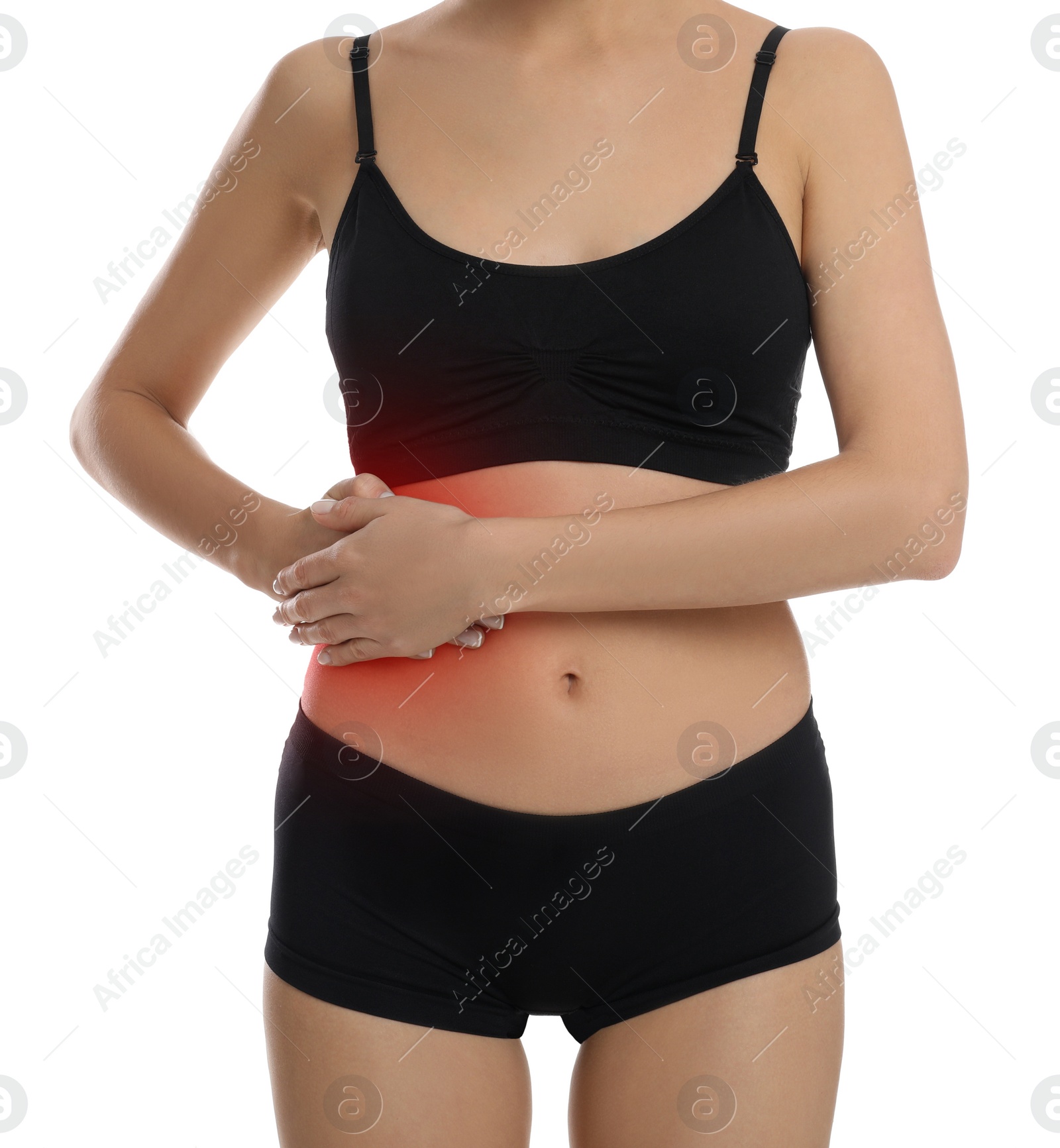 Photo of Woman suffering from liver pain on white background, closeup