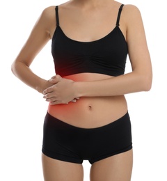 Woman suffering from liver pain on white background, closeup