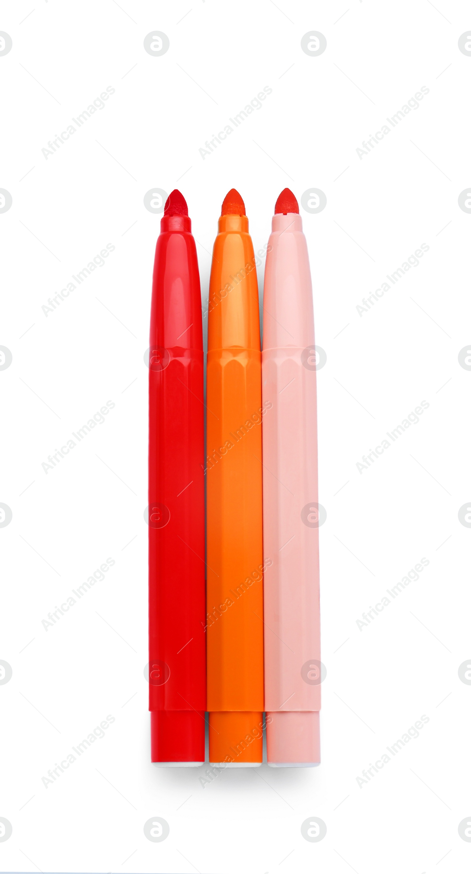 Photo of Different colorful markers on white background, top view