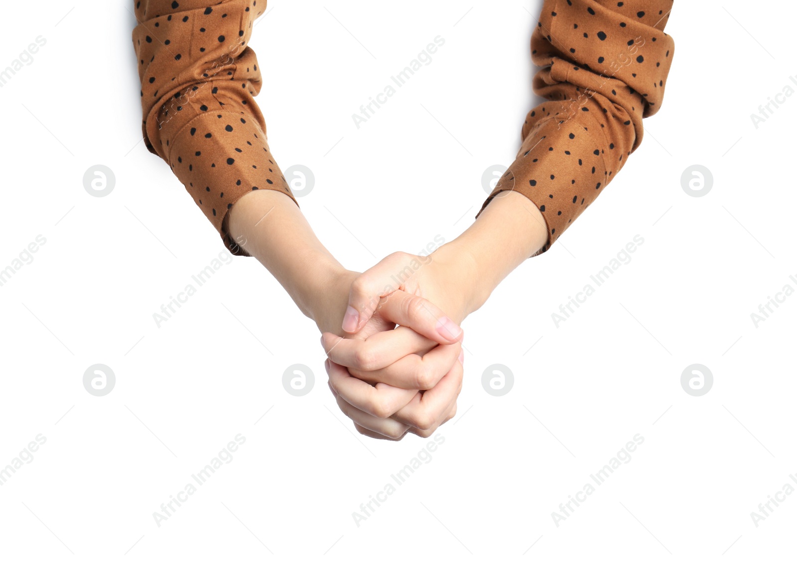 Photo of Woman on white background, top view. Closeup of hands