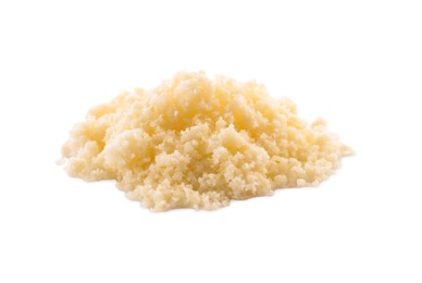 Photo of Pile of grated parmesan cheese isolated on white