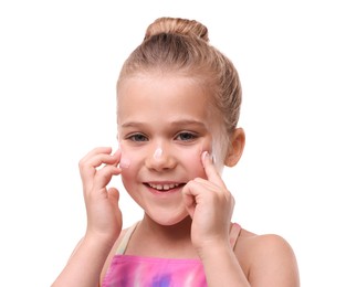 Photo of Happy girl applying sun protection cream onto her face against white background