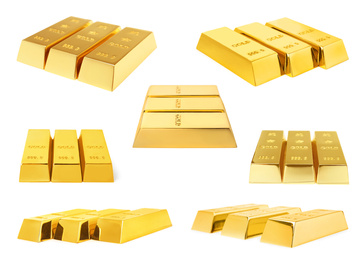 Image of Set of shiny gold bars on white background
