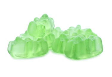 Photo of Pile of delicious jelly bears on white background