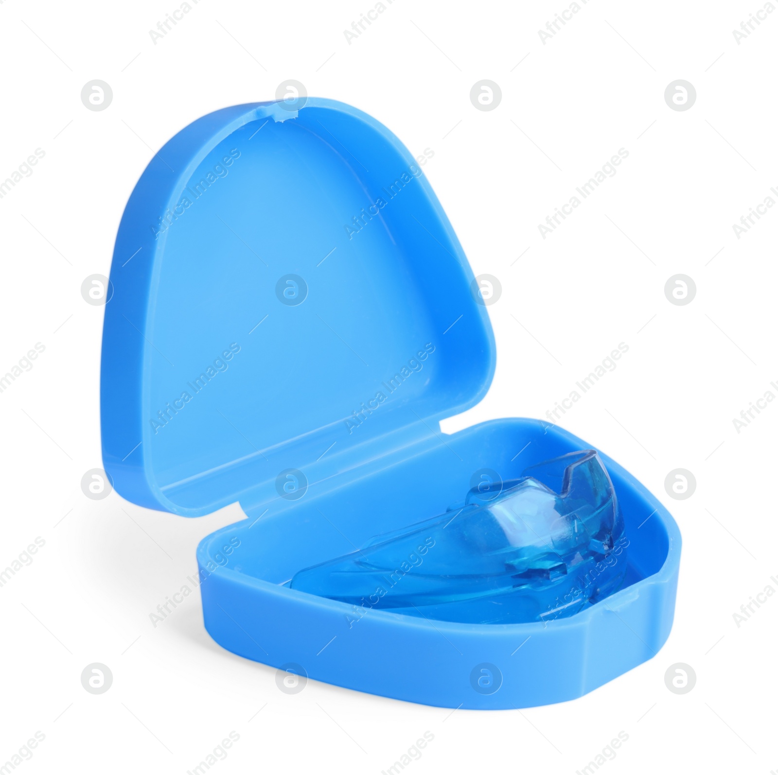 Photo of Transparent dental mouth guard in container isolated on white. Bite correction