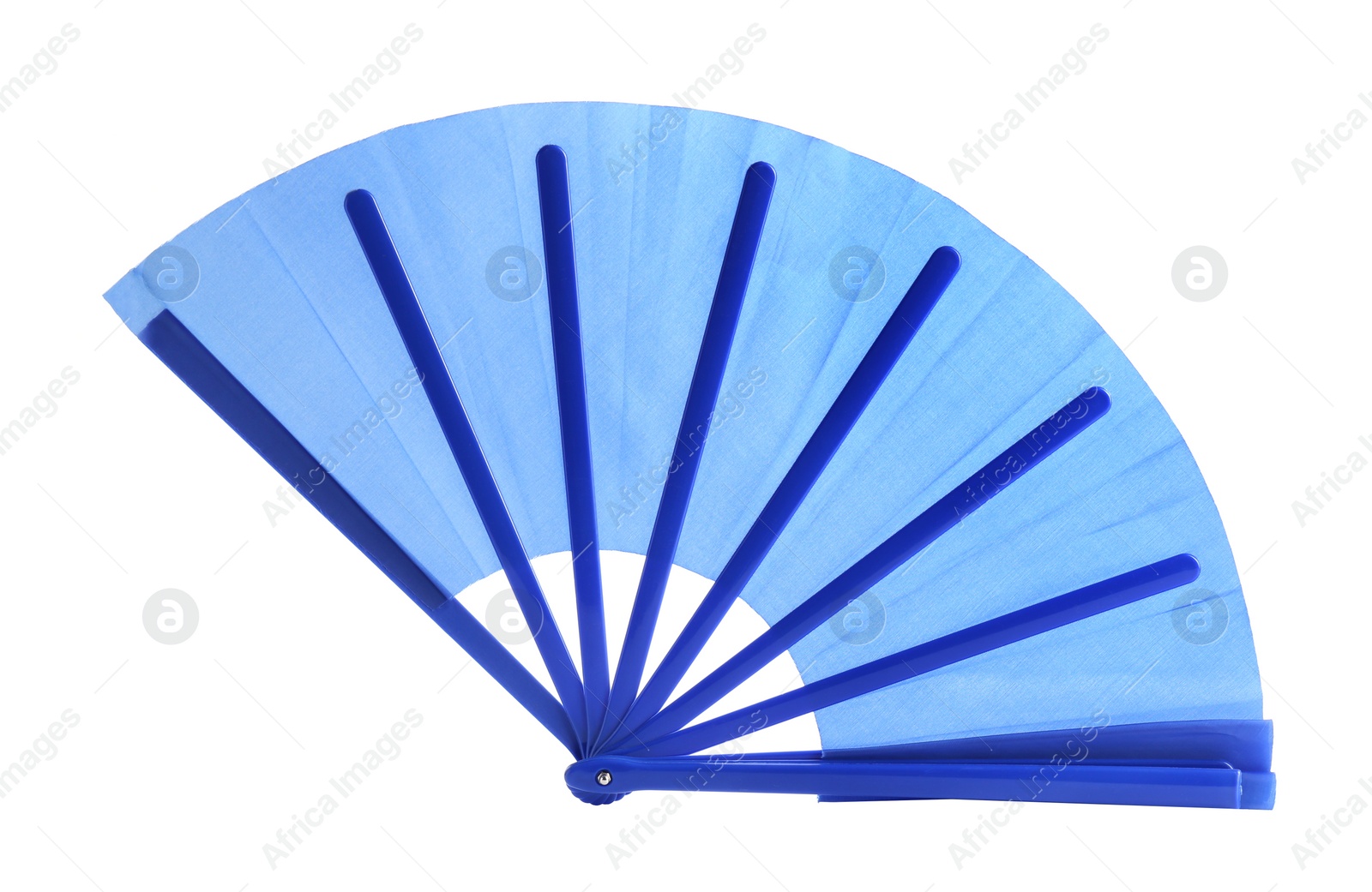 Photo of Bright light blue hand fan isolated on white