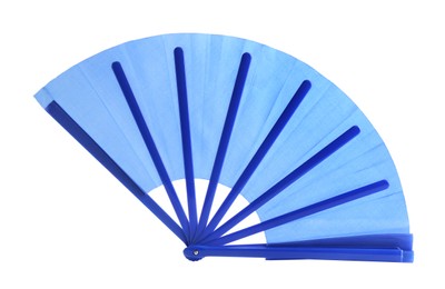 Photo of Bright light blue hand fan isolated on white