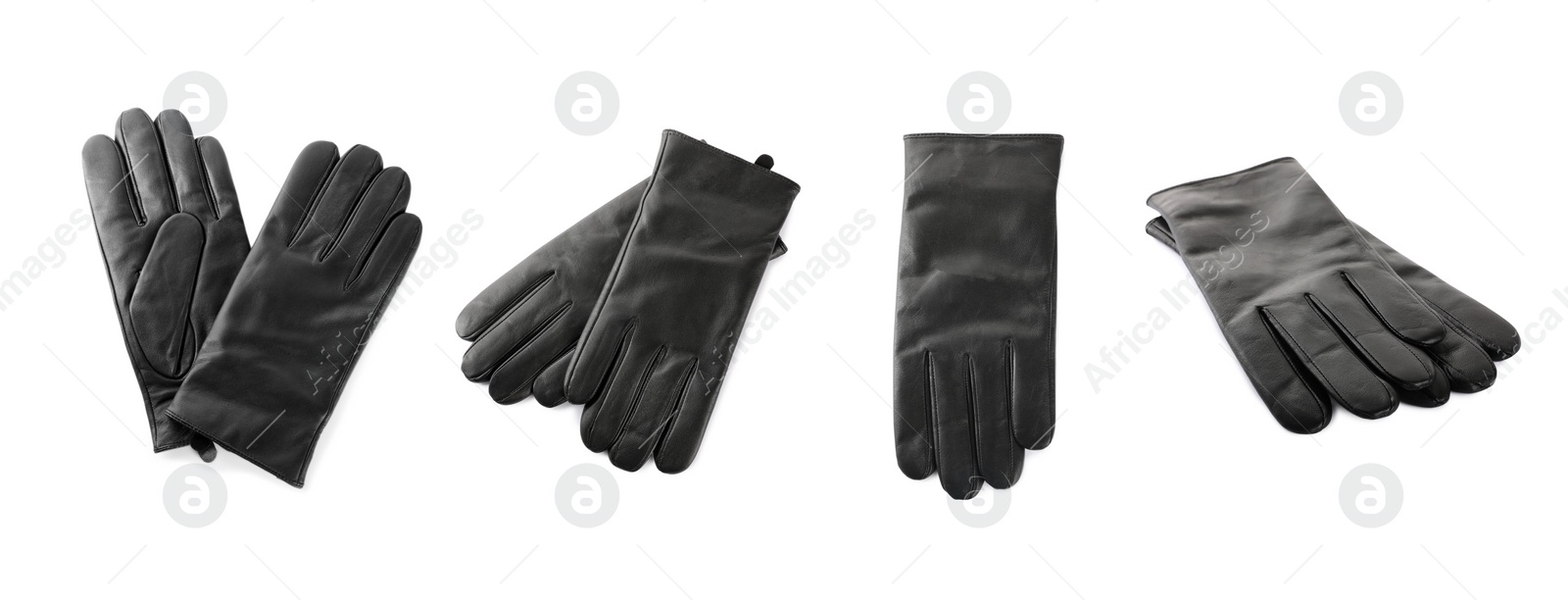 Image of Set of black leather gloves on white background. Banner design 