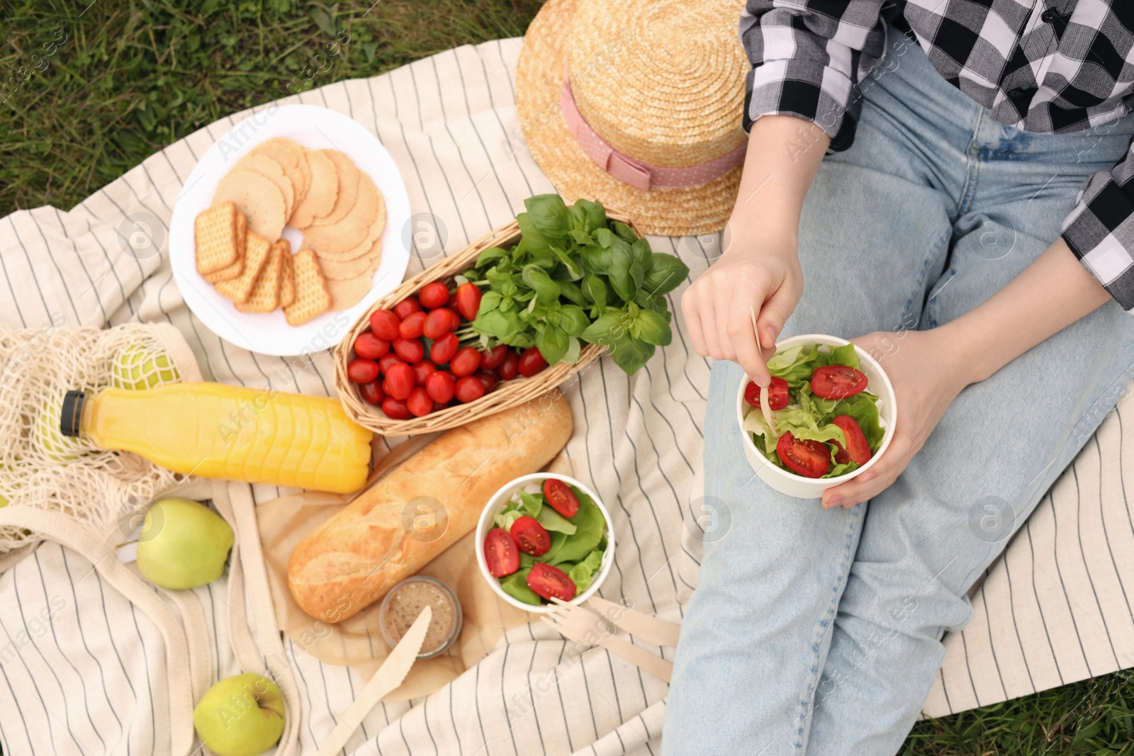 Photo of Girl having picnic on green grass in park, above view