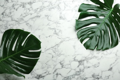 Photo of Beautiful monstera leaves on white marble background, flat lay with space for text. Tropical plant