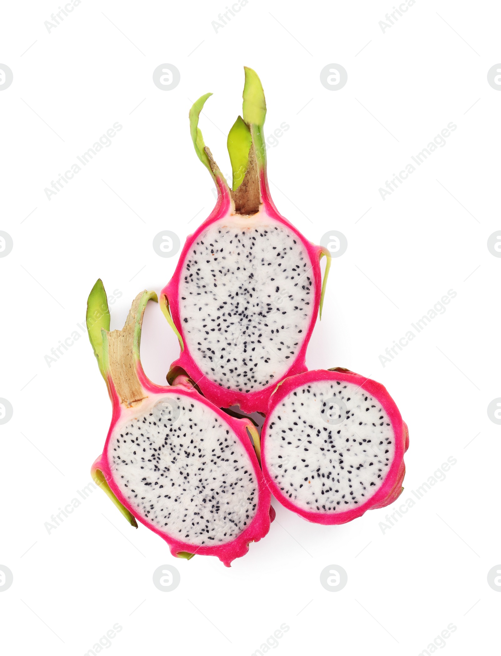 Photo of Delicious cut ripe dragon fruits (pitahaya) on white background, top view