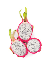 Photo of Delicious cut ripe dragon fruits (pitahaya) on white background, top view