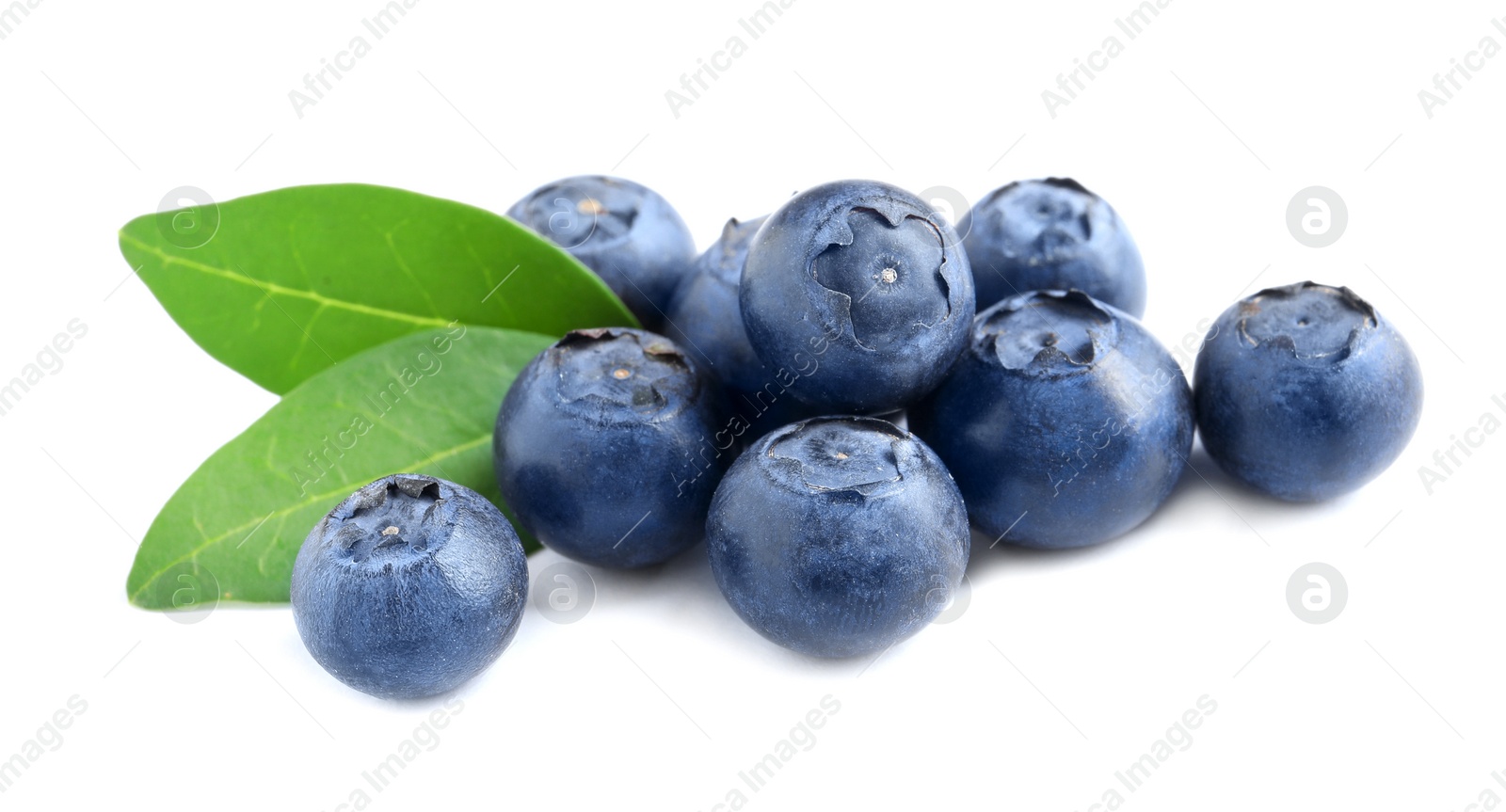 Photo of Fresh raw tasty blueberries with leaves isolated on white