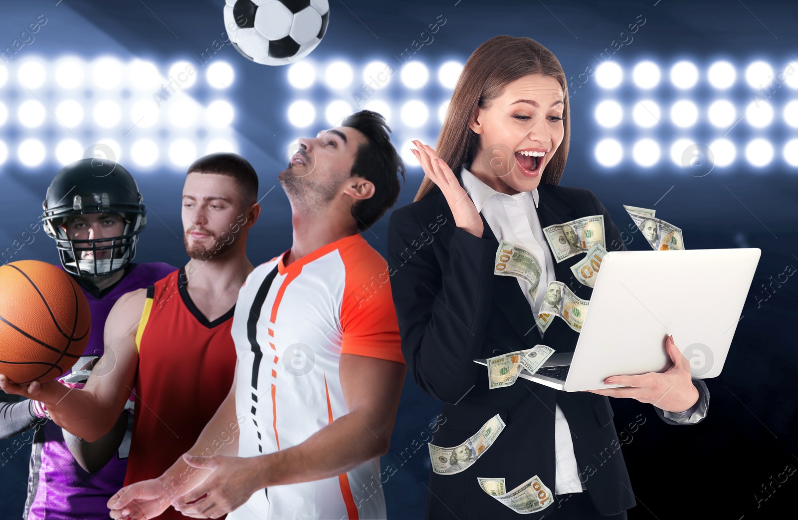 Image of Happy woman won on sports betting. Money flying out of laptop. Players of basketball, American football and soccer with balls at stadium on background