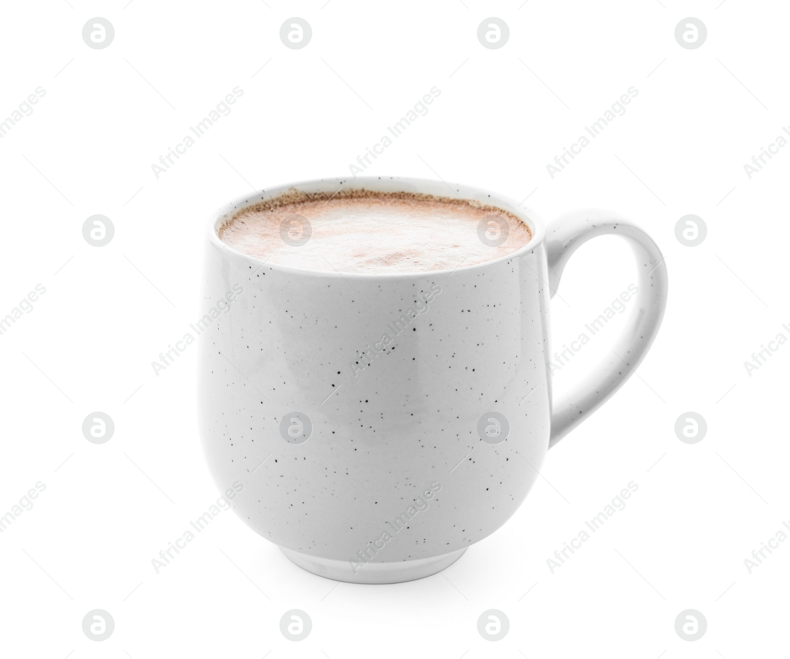 Photo of Delicious cocoa drink in cup on white background