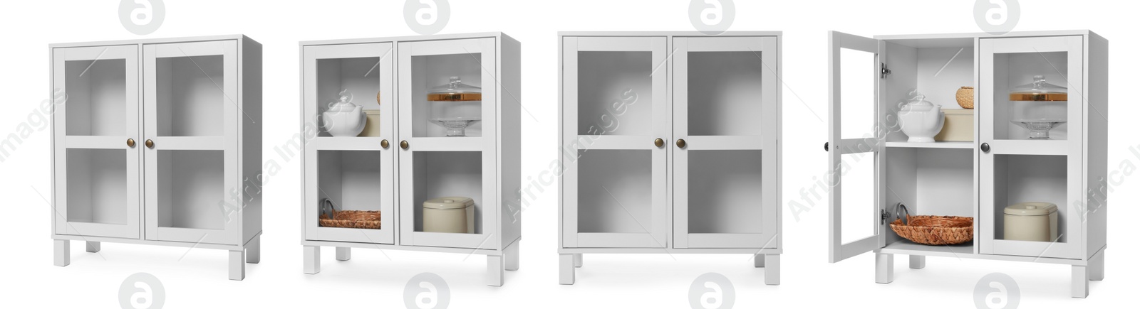 Image of Collage of modern cabinets on white background. Banner design