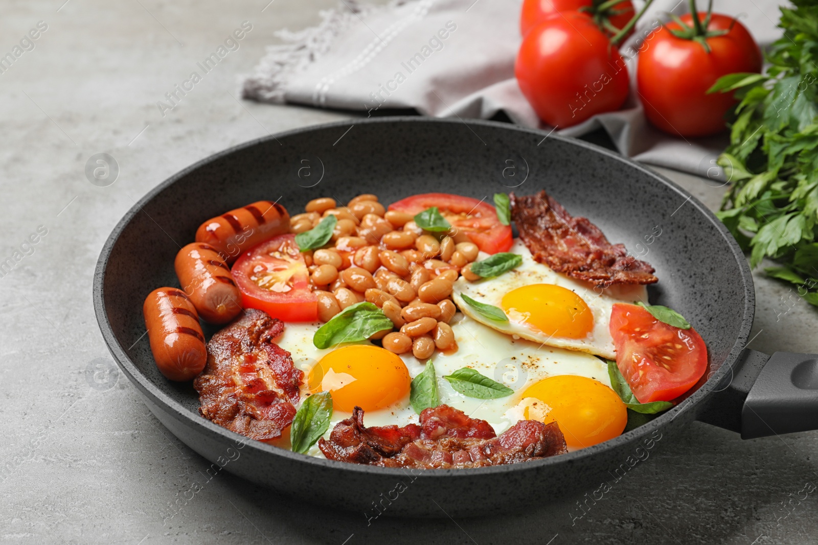 Photo of Delicious breakfast with fried eggs served on table, closeup