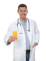 Photo of Nutritionist with glass of juice on white background