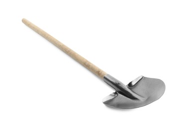 Photo of One new shovel with wooden handle isolated on white. Gardening tool