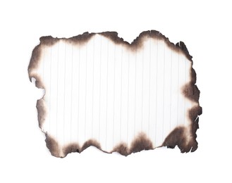 Piece of notebook paper with dark burnt borders on white background, top view. Space for text