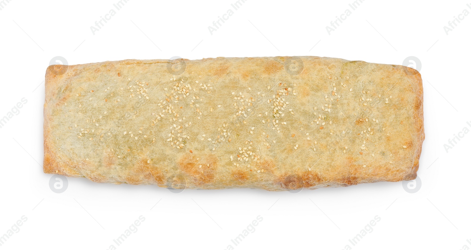 Photo of Delicious strudel with tasty filling isolated on white, top view