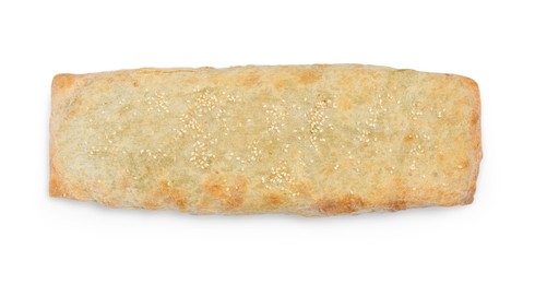 Photo of Delicious strudel with tasty filling isolated on white, top view
