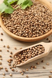 Photo of Dried coriander seeds in bowl and scoop on wooden table, closeup