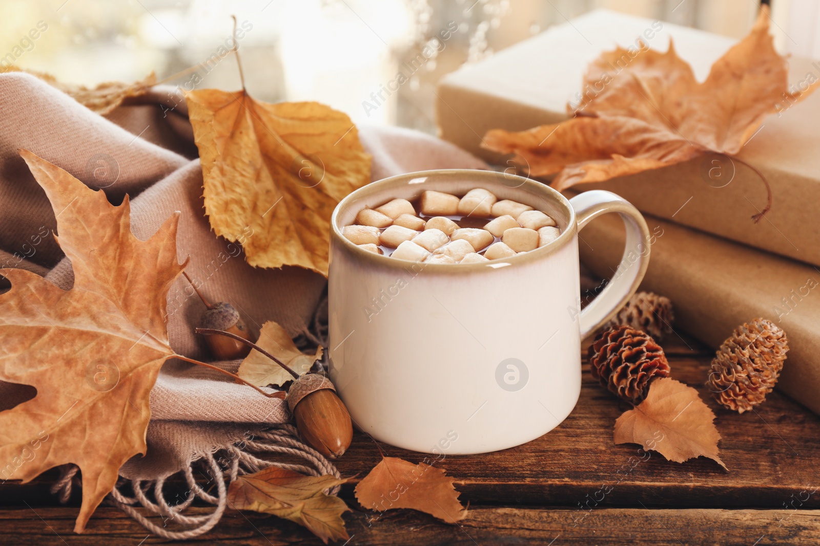 Photo of Cup of hot drink with marshmallows, books and autumn leaves near window on rainy day. Cozy atmosphere