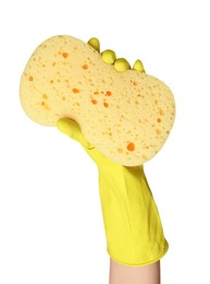 Cleaner in rubber glove holding new yellow sponge on white background, closeup