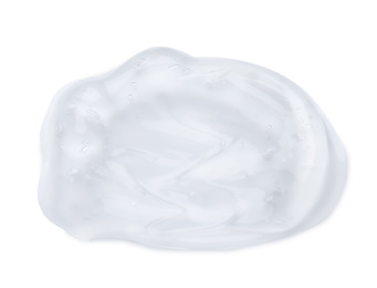 Sample of transparent cosmetic gel on white background, top view