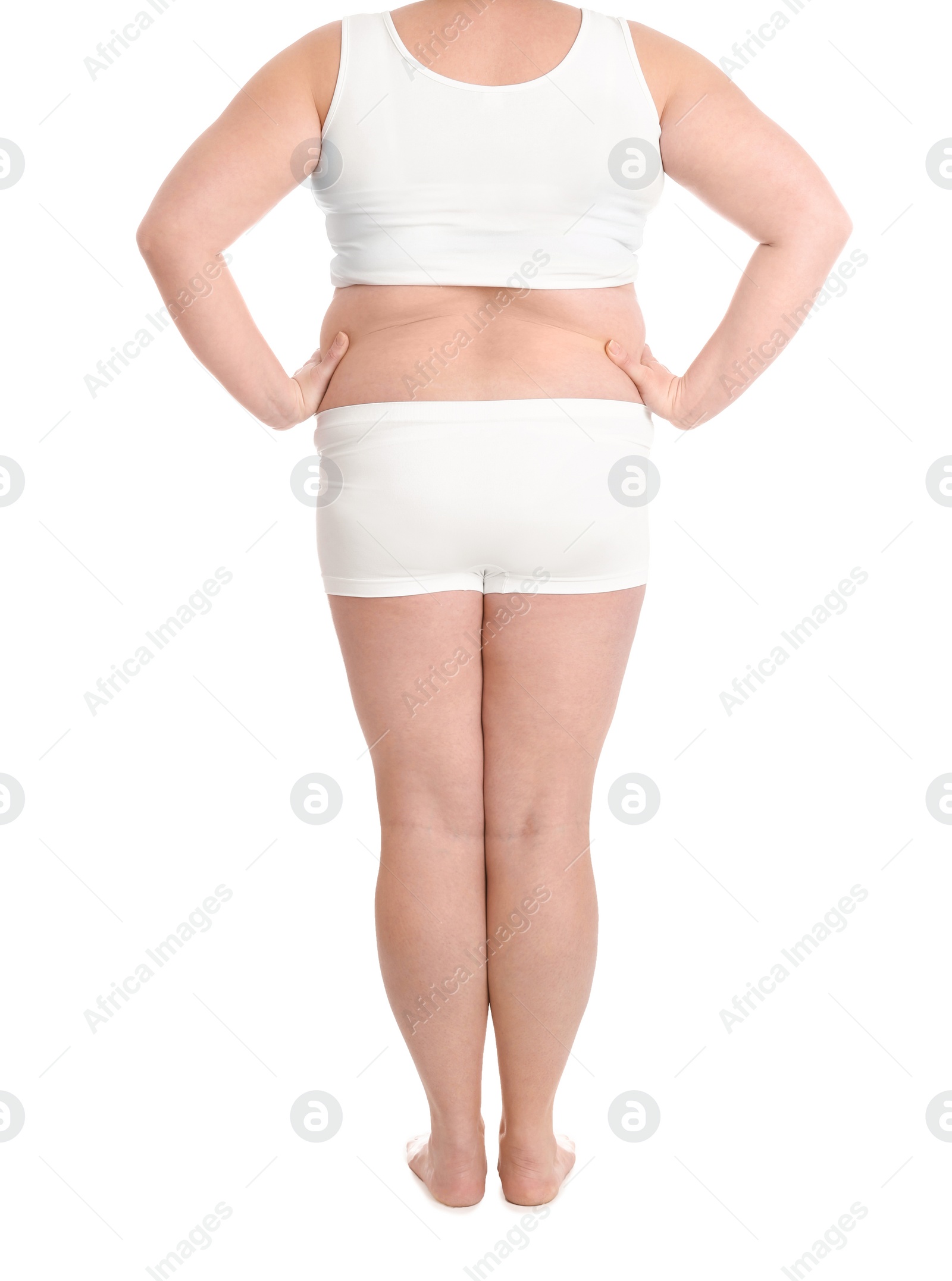 Photo of Overweight woman on white background, closeup. Weight loss