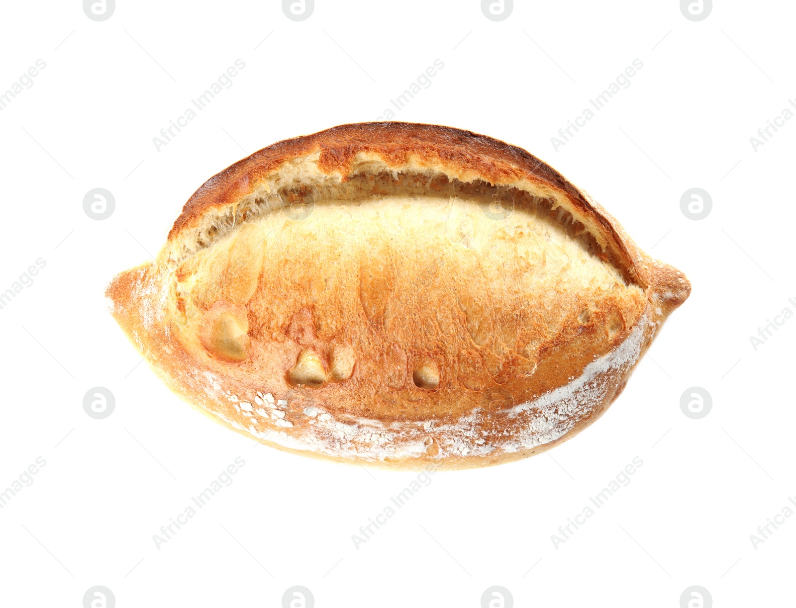 Photo of Loaf of fresh bread isolated on white, top view