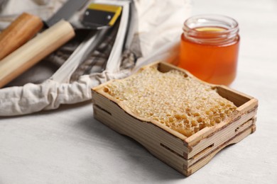 Photo of Honeycomb frame and beekeeping tools on white table