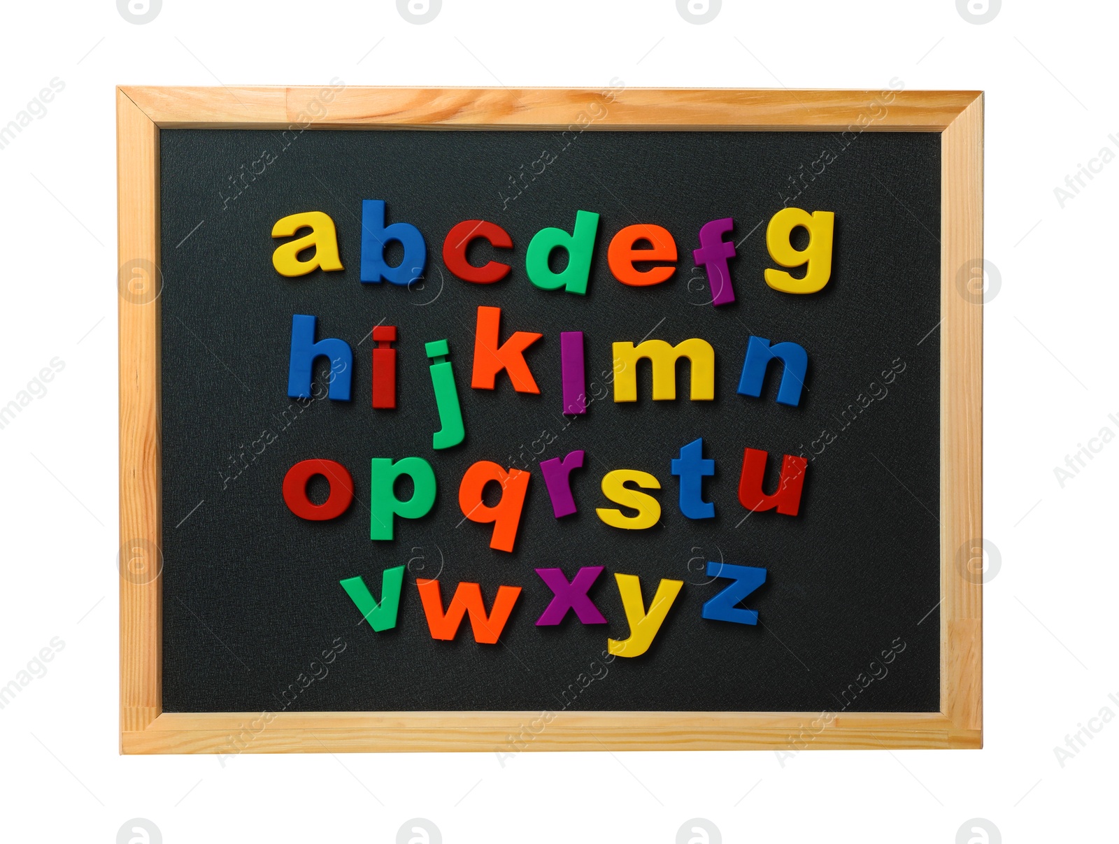 Photo of Board with magnetic letters on white background. Alphabetical order