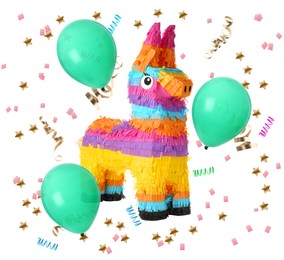 Image of Bright funny pinata and party decor on white background