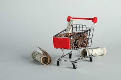 Photo of Small metal shopping cart with money on light background