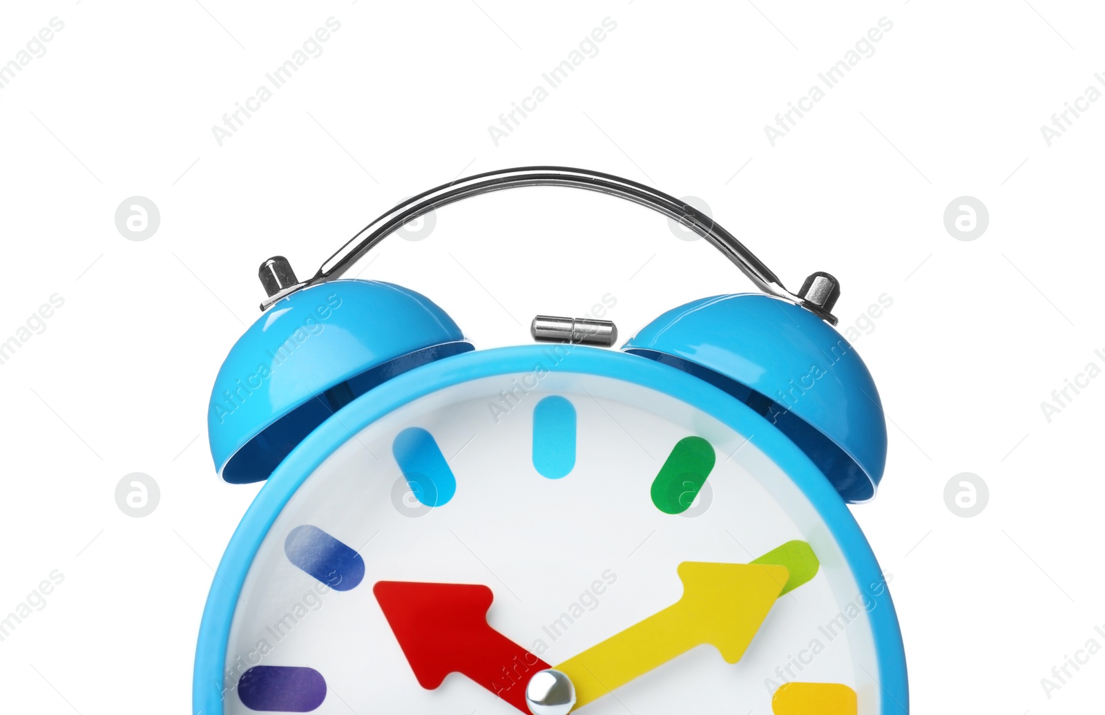 Photo of Alarm clock on white background. Time change concept