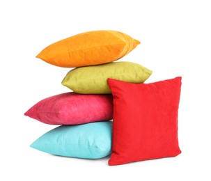 Different colorful decorative pillows on white background