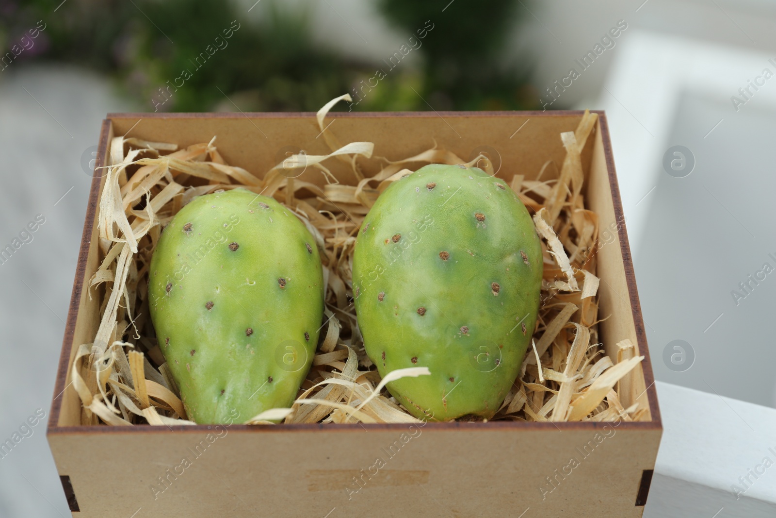 Photo of Delicious fresh ripe opuntia fruits in wooden box outdoors