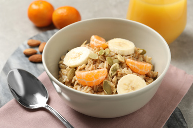 Photo of Tasty healthy breakfast served on table, closeup