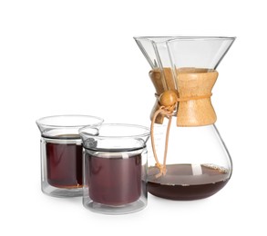 Photo of Chemex coffeemaker and glasses of coffee isolated on white