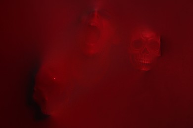Silhouette of creepy ghost with skulls behind red cloth