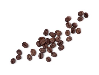 Roasted coffee beans on white background, top view