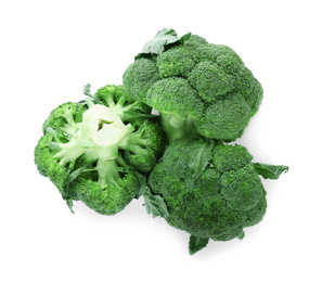 Photo of Fresh green broccoli isolated on white, top view. Organic food