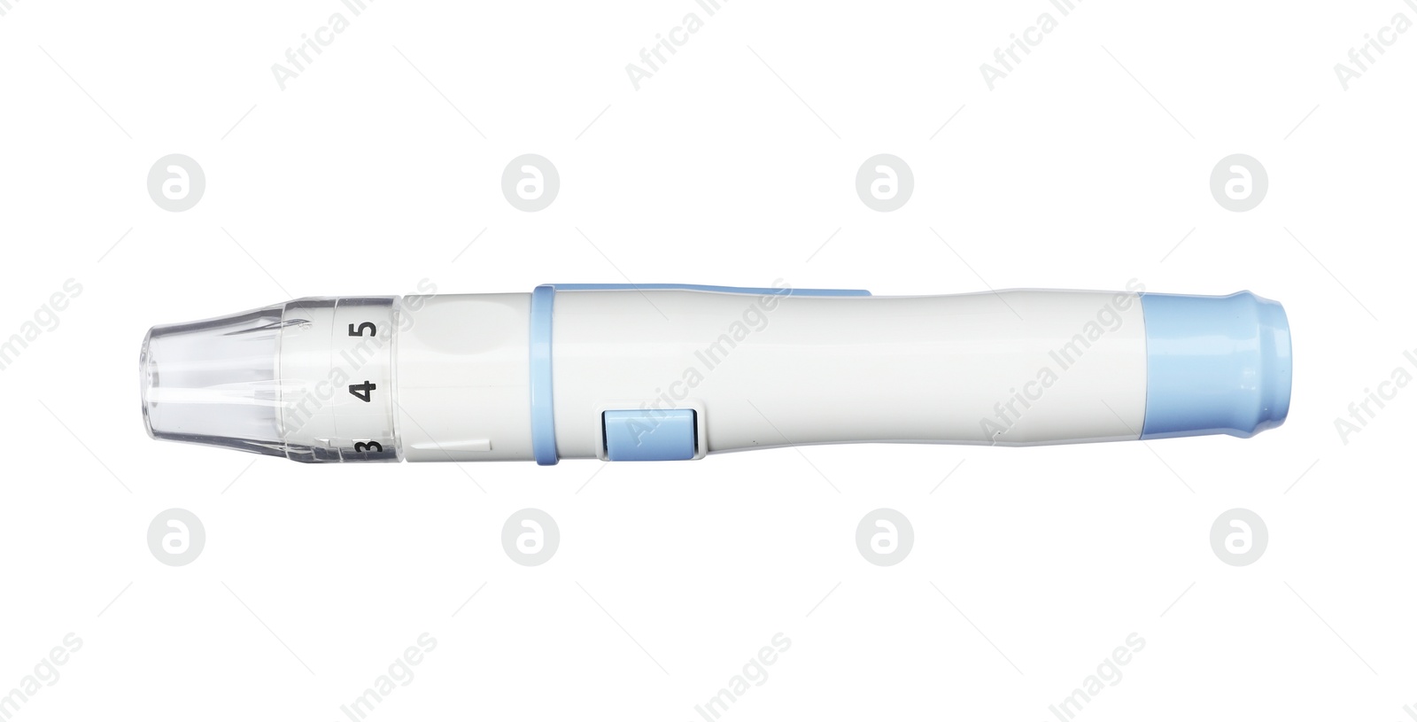 Photo of Blood lancet pen on white background. Medical device