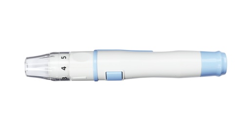 Photo of Blood lancet pen on white background. Medical device