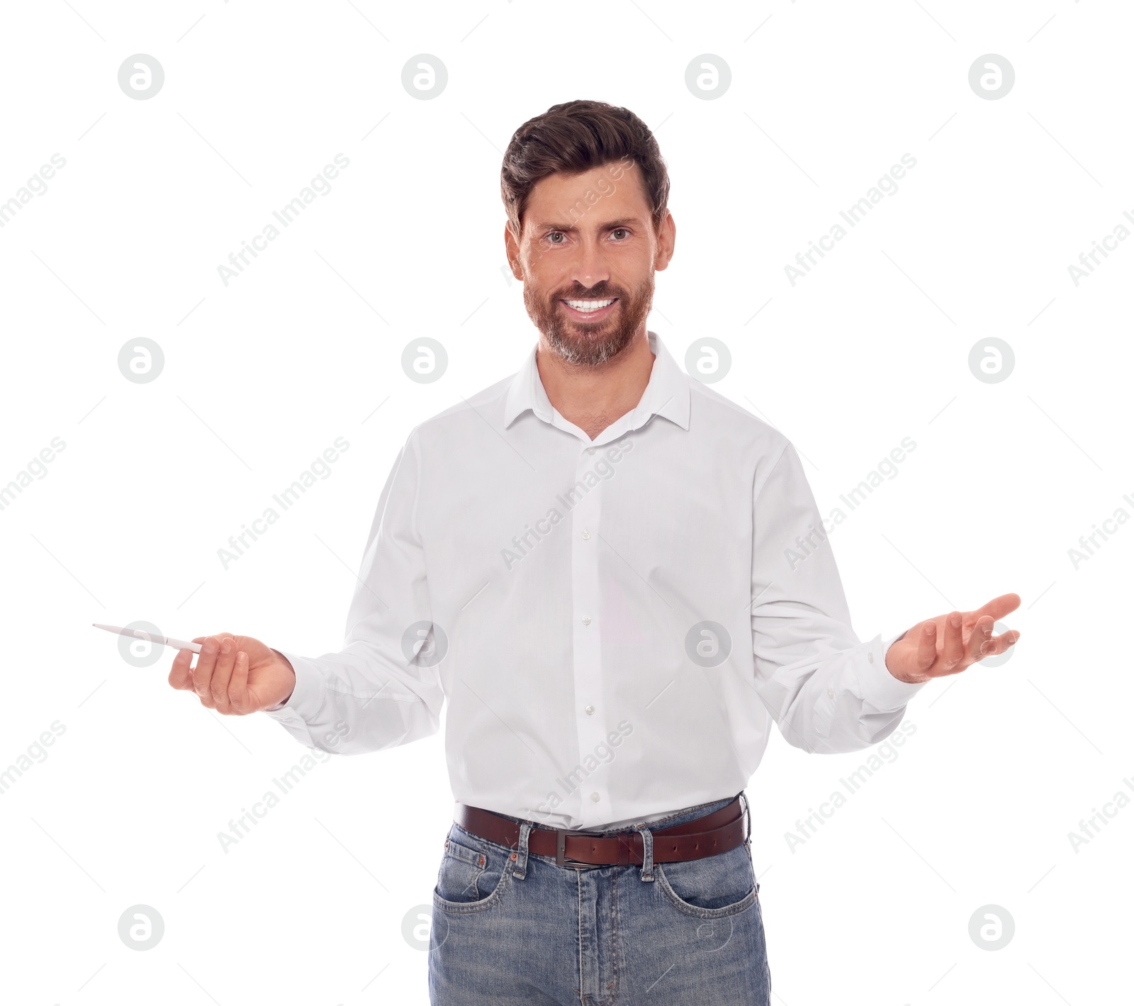 Photo of Handsome man gesturing on white background. Weather forecast reporter