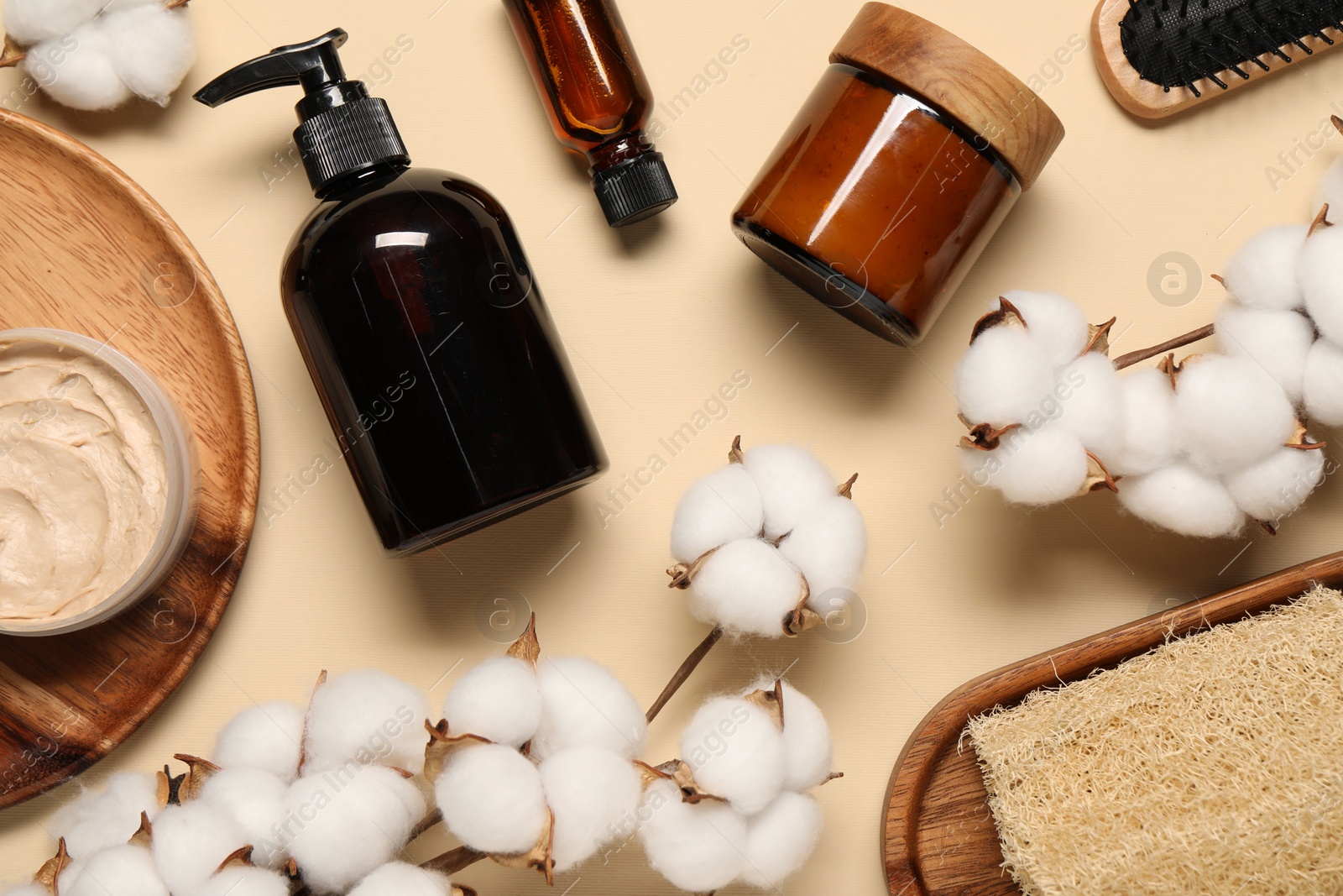 Photo of Bath accessories. Flat lay composition with personal care products on beige background