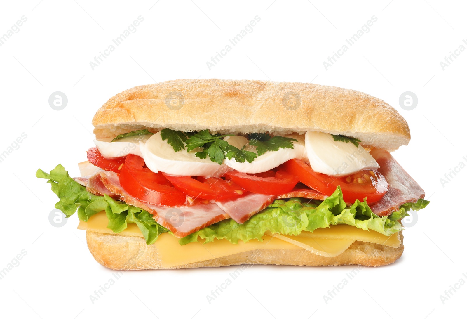 Photo of Delicious sandwich with fresh vegetables and mozzarella isolated on white