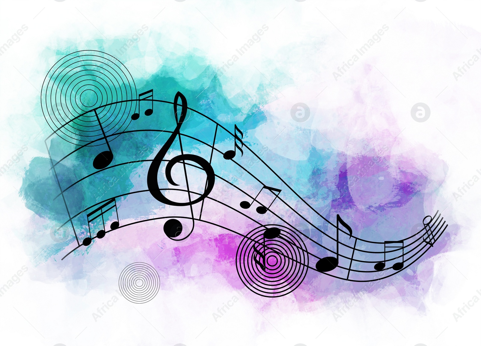 Illustration of Staff with music notes and treble clef on color background